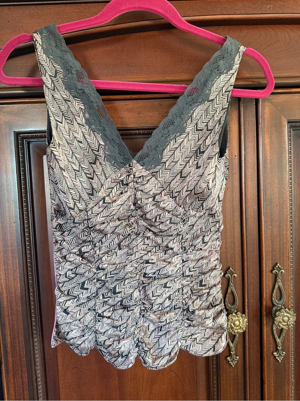 bebe Black and White Chevron Lace-Trim Camisole